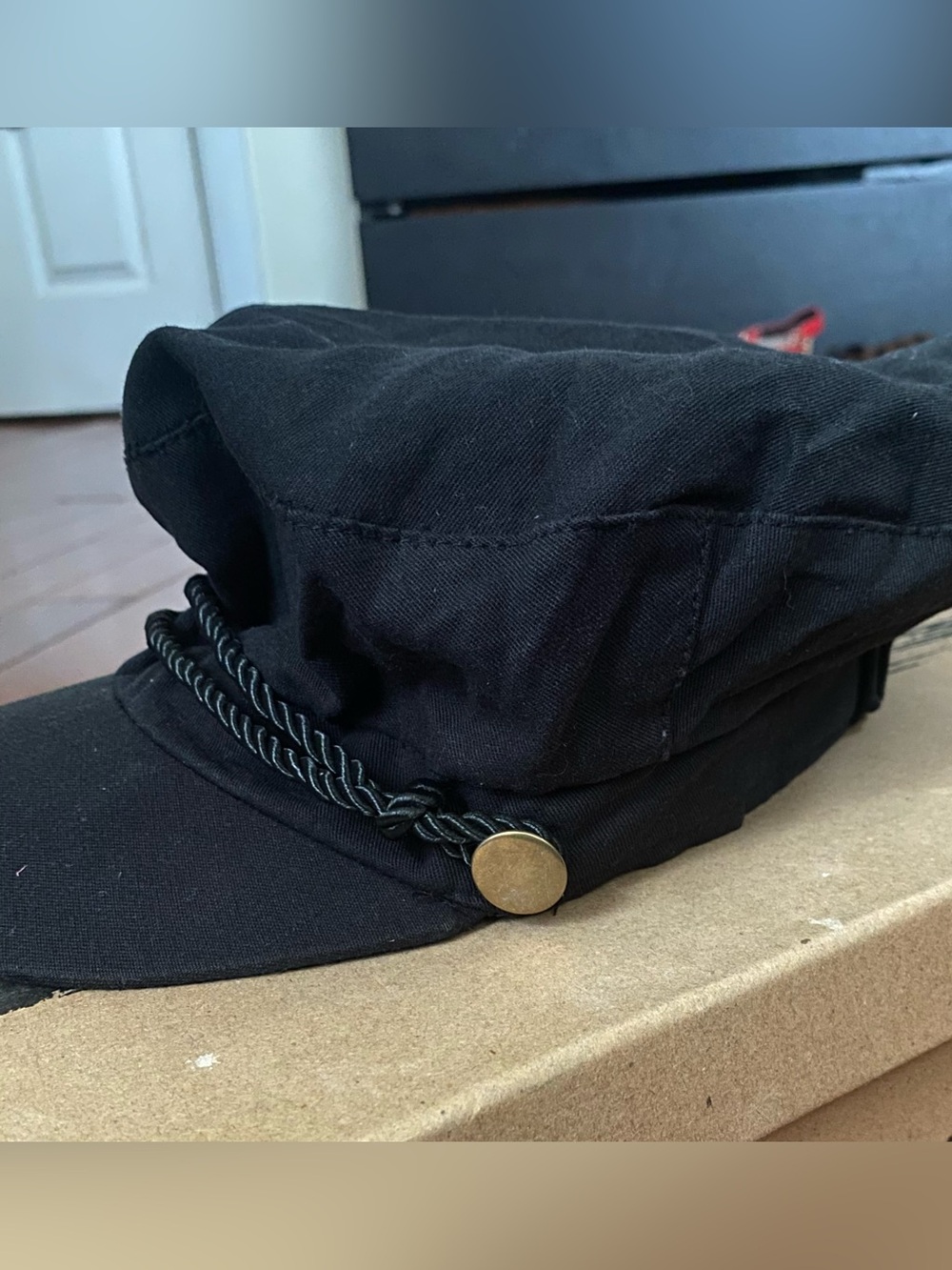 Black Captain Style Cap with Braided Rope Trim